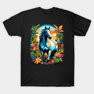 Horse in surreal fantasy forest sunset retro poster design T-Shirt